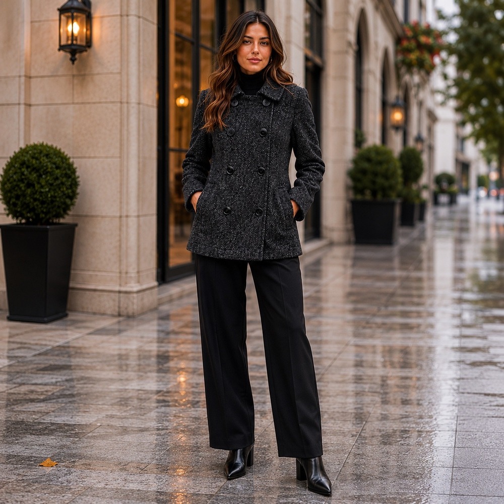 Theory Katarina Seasoned Double Breasted Wool Blend Pea‎ Coat Charcoal Medium